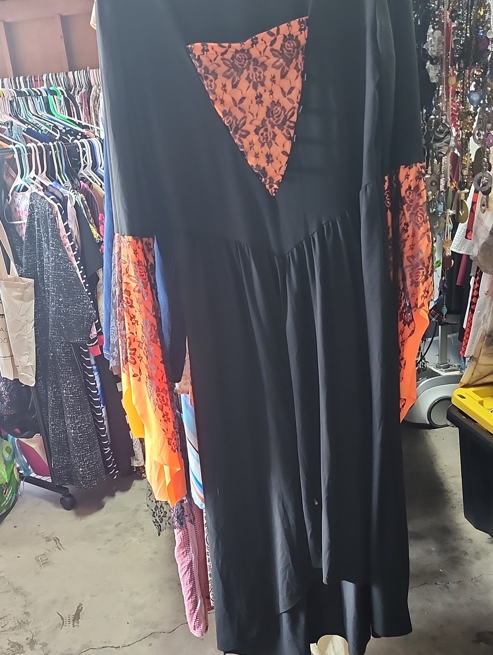 Black Maxi Dress with Orange Floral Insets Halloween?